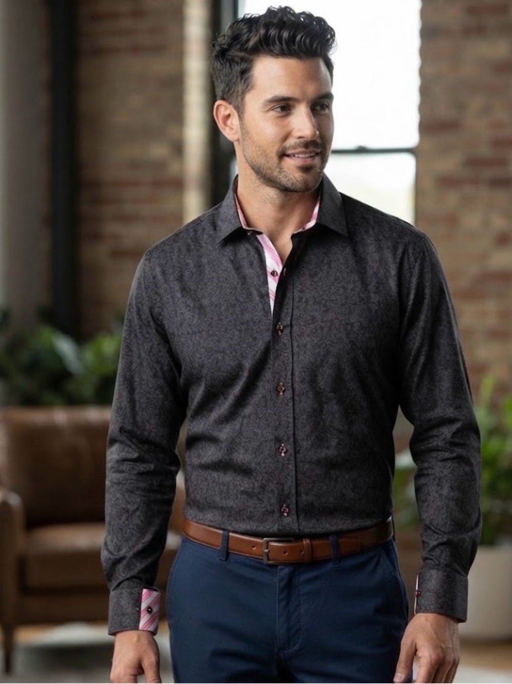 MAC Cosmetics Dark Gray Paisley Long-Sleeve Dress Shirt